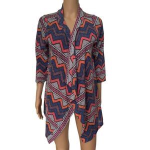 Flamingo Urban Womans Multi Colored Open Front 3/4 Sleeve Cardigan Sweater Sz M